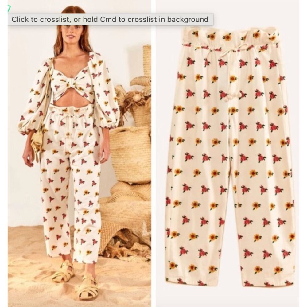 Farm Rio NEW Cross Stitch Flowers Embroidered Pants Off-White, M/L - Picture 2 of 13